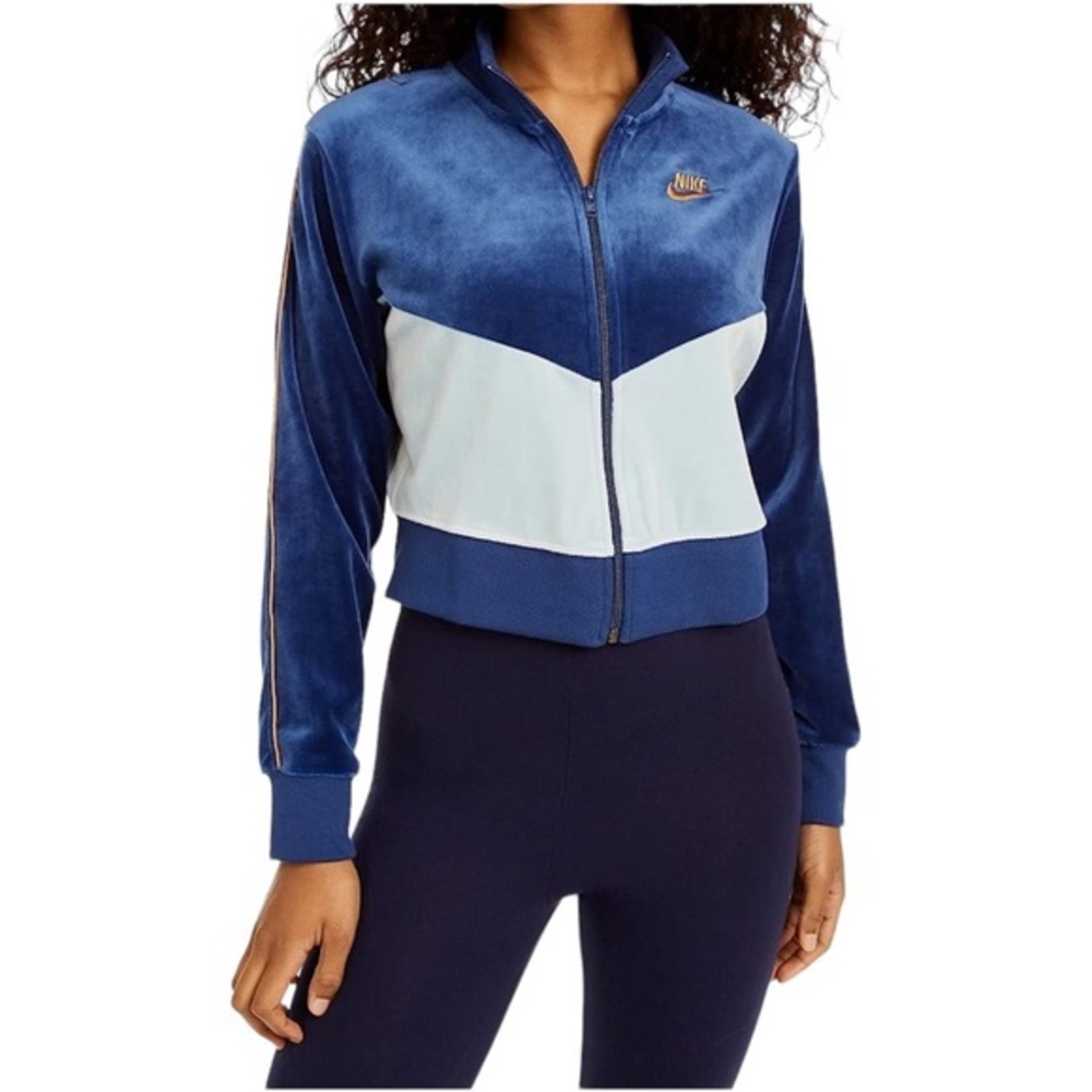Nike Velour Track Jacket Women Small Blue Colorblock Cropped Zip Up Sporty